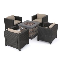 Portola Outdoor 4 PC Wicker Club Chair Set & Stone Firepit