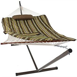 Sunnydaze Cotton Rope Hammock and Durable 12 Foot Stand Set w/ Quilted Pad and Pillow, Desert Stripe