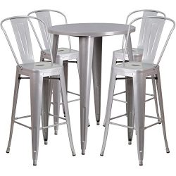 Flash Furniture 30” Round Silver Metal Indoor-Outdoor Bar Table Set with 4 Cafe Stools