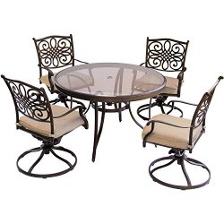 Hanover TRADDN5PCSWG Traditions 5 Piece Dining Set in Tan with 48″ Glass-top Table