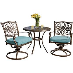 Hanover TRADDN3PCSW-BLU 3 Piece Seasons Bistro Set with 2 Swivel Rockers and 32″ Round Table