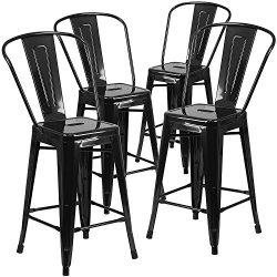 Belleze 24” inch Indoor-Outdoor Counter Height Stool with Back, Set of (4) Black