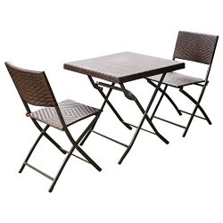 Giantex 3 PC Outdoor Folding Table Chair Furniture Set Rattan Wicker Bistro Patio Brown