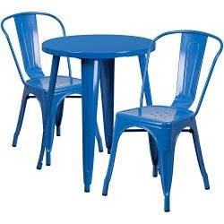 Flash Furniture 24” Round Blue Metal Indoor-Outdoor Table Set with 2 Cafe Chairs