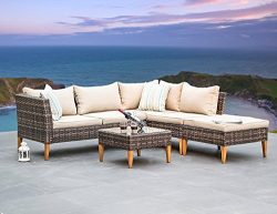 Outdoor Patio Furniture Wicker Sectional Sofa 5-seater All Weather Deep-Seating Set, Khaki Cushi ...