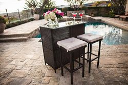 Suncrown Outdoor 3-Piece Brown Wicker Bar Set: Glass Bar and Two Stools with Cushions – Pe ...