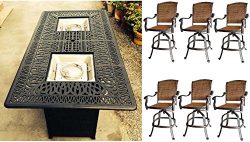 7 Piece Fire Pit Patio Dining Outdoor Bar Set Santa Clara Swivels Barstools Propane Table Cast A ...