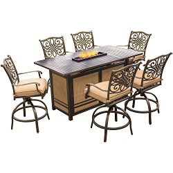 Hanover Traditions 7 Piece High-Dining Bar Set in Tan with 30,000 BTU Fire Pit Bar Table