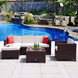 Cloud Mountain 6 Piece Rattan Wicker Furniture Set Outdoor Patio Garden Sectional Sofa Set, Coco ...