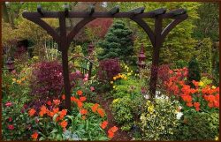 Colorful Garden with Pergola and Bridge – Etched Vinyl Stained Glass Film, Static Cling Wi ...