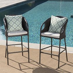 Dunlevy Outdoor Multibrown Wicker Barstools with Light Brown Water Resistant Cushions (Set of 2)