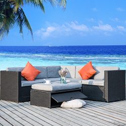 Merax 4 Piece Cushioned Outdoor Patio PE Rattan Furniture Set Sectional Garden Sofa (Black ratta ...