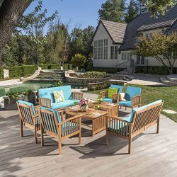 Cape Town Outdoor 8 Piece Brown Patina Acacia Wood Sofa Set with Teal Water Resistant Cushions