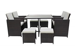 Modern 8 Piece Space Saving Outdoor Furniture Dining Set, Patio Rattan Table and Chairs Set (Bro ...