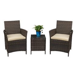 Devoko Patio Porch Furniture Set 3 Piece PE Rattan Wicker Chairs Beige Cushion With Table Outdoo ...