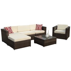 Super Patio 6pc Outdoor Rattan Sectional Furniture Set with Cream White Seat and Back Cushions, Gray