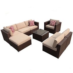 Super Patio 8pc Outdoor Rattan Sectional Furniture Set with Beige Seat and Back Cushions, Alumin ...