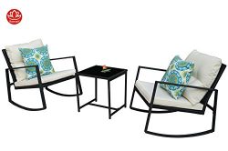 Moana Outdoor 3-piece Rocking Wicker Bistro Set, Two Chairs and One Glass Coffee Table, Black Wi ...