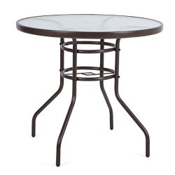 LUCKUP 32″ Patio Outdoor Dining Table Tempered Glass Top Umbrella Stand Round Table, Chocolate