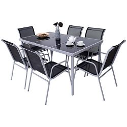 Giantex 7 Pcs Bistro Set Steel Table Chairs Dining Set Patio Furniture with Glass Table Top
