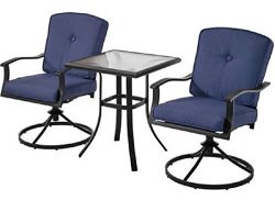 Patio Bistro Set Seats 2 Cushioned Swivel Chairs Outdoor Small Space Deck Porch (Blue)