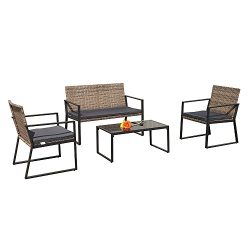 PATIOROMA 4 Pieces Rattan Conversation Set Patio Table and Chairs with Seat Cushions, Outdoor PE ...