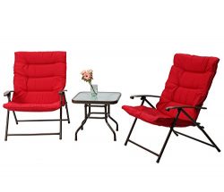 PHI VILLA Patio 3 PC Padded Folding Chair Set Adjustable Reclining Indoor Outdoor Furniture, Red