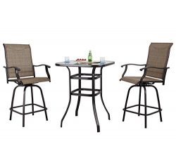 PHI VILLA Patio 3 PC Swivel Bar Sets Textilene High Bistro Sets, 2 Bar Stools and 1 Table, Brown