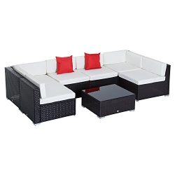 Outsunny 7 Piece Wicker Sofa Sectional Conversation Furniture Set Cushioned Outdoor Patio