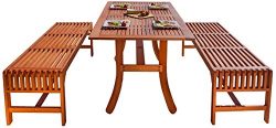 Malibu V189SET13  Eco-Friendly 3 Piece Wood Outdoor Dining Set with Curvy Table and Backless Benches