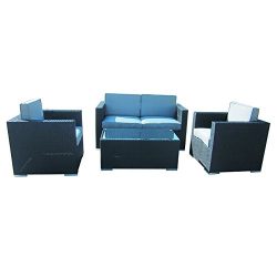 4-Piece Cushioned Outdoor Rattan Wicker Love Seat, 2 chair, Coffee Table Patio Furniture Set, Bl ...