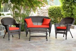 Jeco W00201-G-FS018 4 Piece Wicker Conversation Set with Red Orange Cushions, Espresso