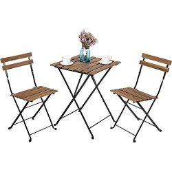 Leisure Zone Outdoor Folding Bistro Set 3 Piece Patio Table and Chairs Set, Metal and Solid Wood ...