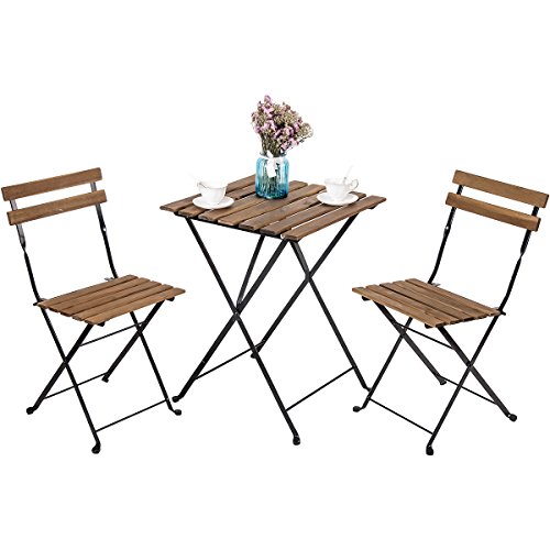 Leisure Zone Outdoor Folding Bistro Set 3 Piece Patio Table and Chairs Set, Metal and Solid Wood