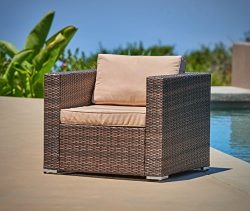 Suncrown Outdoor Furniture All Weather Brown Checkered Wicker Sofa Chair | Additional Chair for  ...