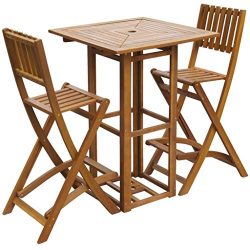 Acacia Wood Patio Bar Table and Chairs Set, Outdoor Cafe Restaurant Pub Furniture Set
