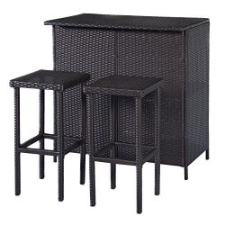 Tangkula 3PCS Rattan Wicker Bar Set Patio Outdoor Table & 2 Stools Furniture