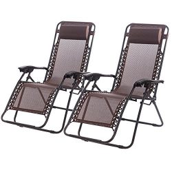 Set of 2 Zero Gravity Chairs Lounge Patio Chairs Outdoor Yard Beach (Brown)