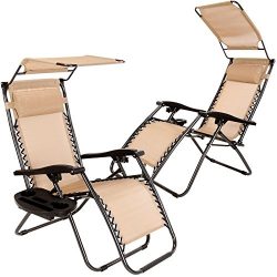 Set of 2 Zero Gravity Outdoor Lounge Chairs w/ Sunshade +Cup Holder with Mobile Device Slot Adju ...