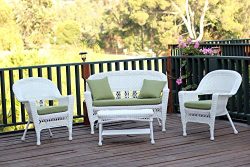 Jeco W00206-G-FS029 4 Piece Wicker Conversation Set with Green Cushions, White