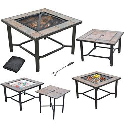 Axxonn 5 in 1, 30″ Square Tile Top Fire Pit, Grill, Cooler, Coffee Table and Side Table wi ...