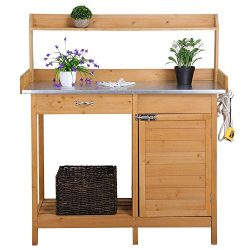 Topeakmart Outdoor Garden Potting Bench Potting Tabletop with Cabinet Drawer Open Shelf Work Station