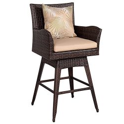 Sundale Outdoor Patio Garden Wicker Swivel Bar Stool with Cushion and Throw Pillow