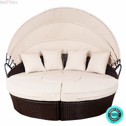 SKEMiDEX—Outdoor Mix Brown Rattan Patio Sofa Furniture Round Retractable Canopy Daybed. an ...