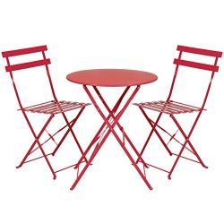 Best Choice Products Outdoor Patio Folding Metal Bistro Set, Table And 2 Chairs- Red