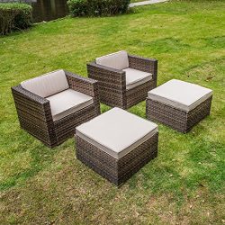 MAGIC UNION Rattan Wicker Outdoor Furniture Set Patio Cushioned Single Sofa With Ottman Sets of 2