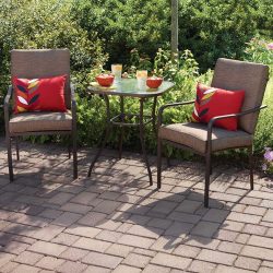 Crossman 3 Piece All Weather Square Outdoor Bistro Furniture Patio Set, Glass Top Table, 2 Chair ...