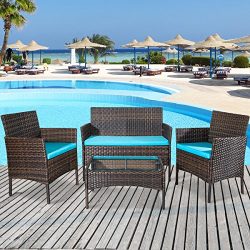 Merax 4 PCS Patio Furniture Set Outdoor Garden Conversation Set (Cushion Blue)