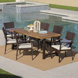 Playa Outdoor 7 Piece Dining Set with Teak Finished Wood Table and Brown Wicker Dining Chairs wi ...