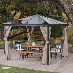 Bali Outdoor 10 x 10 Foot Black Rust Proof Aluminum Framed Hardtop Gazebo with Brown Curtains